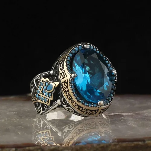Miniatura 2 de 925 Sterling Silver Aquamarine Stone Men Silver Ring, Handmade Blue Aquamarine Stone Men's Silver Ring, Vintage Men Ring, Turkish Ottoman Men Ring