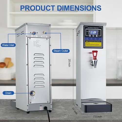 Miniatura 7 de Dispensador de agua caliente, caldera de agua comercial, calentador eléctrico, máquina de agua caliente, acero inoxidable, 30 L (8 galón), control