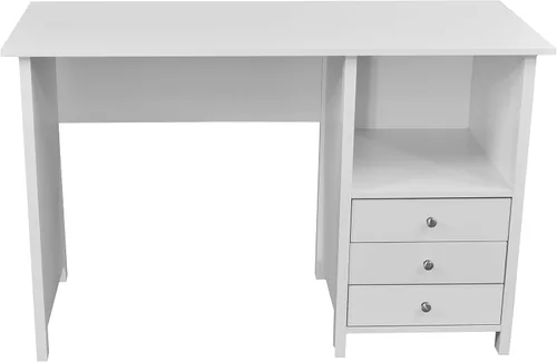 Miniatura 6 de Techni Mobili Escritorio blanco con cajones: escritorio de oficina pequeño con 3 cajones de gabinete, estante abierto y paneles de madera laminada