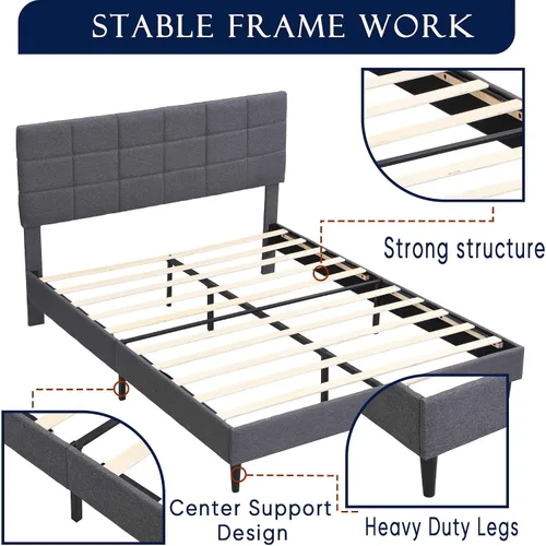 Miniatura 5 de Base de cama Queen con cabecera de tela, marco de cama tapizado, marco de cama resistente con soporte de listones de madera, base de colchón,