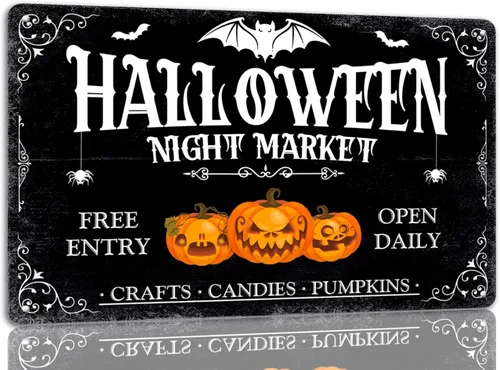 Ewxibnc Letrero de metal de Halloween para el mercado nocturno de Halloween, decoración espeluznante, decoración de bruja de Halloween, decoración