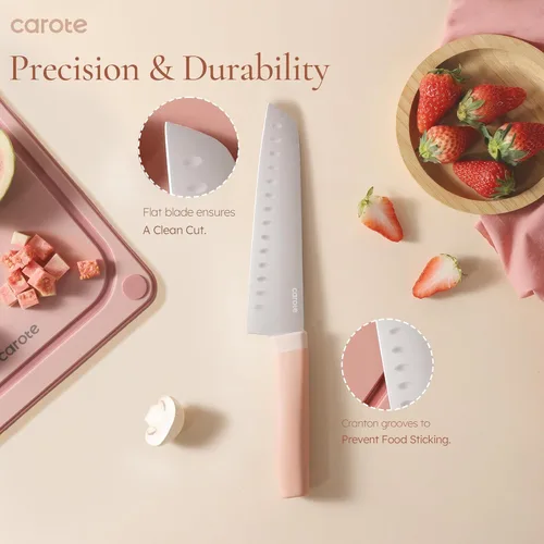 Miniatura 5 de CAROTE Juego de 9 piezas de cuchillos de cocina con bloque y afilador, cuchillos aptos para lavavajillas para cocina, cubiertos forjados con Rosa