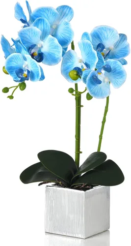 Orquídea artificial en maceta, flores de seda falaenopsis falsái, arreglo realista en jarrón plateado para decoración del hogar, centro de mesa, azul