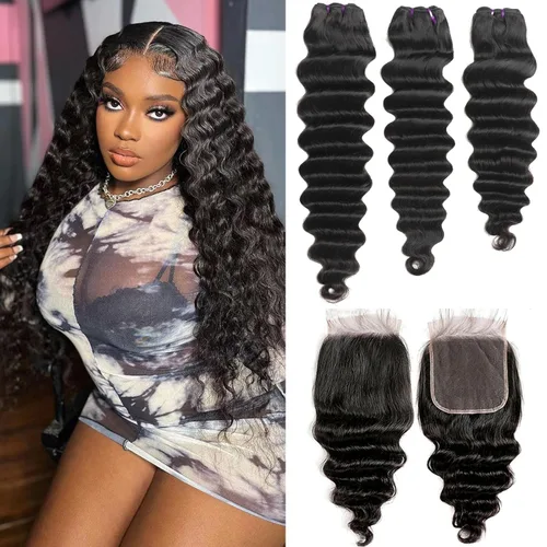 Miniatura 22 de Paquetes de cabello brasileño suelto de onda profunda con cierre, 3 paquetes y cierre de cabello humano de 10, 12, 14+10 pulgadas, 100% sin