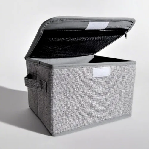 Miniatura 10 de Caja de almacenamiento pequeña, cesta de almacenamiento con tapa, caja plegable de tela de lino de algodón, contenedor organizador con cremallera