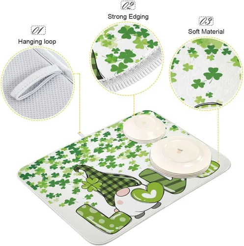 Miniatura 4 de Tapete de secado de platos de gnomos del día de San Patricio para encimera de cocina, tréboles, tapete de secado de microfibra, absorbente