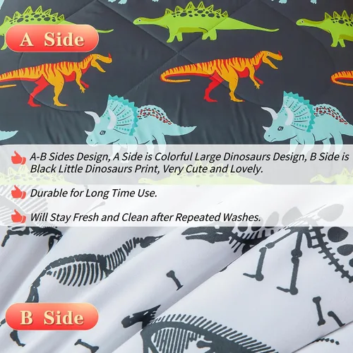 Miniatura 6 de RYNGHIPY Juego de ropa de cama de dinosaurio - Juego de edredón tamaño Queen para chicos y chicas - Juego de cama de dinosaurio suave, transpirable