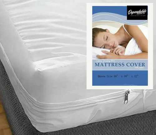 Protector de colchón de vinilo tamaño Queen con cremallera, 100% impermeable, evita manchas y derrames, color blanco