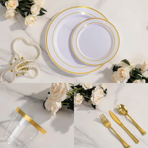Miniatura 7 de WELLIFE Juego de vajilla desechable de 600 piezas color dorado y blanco para 100 invitados, platos de plástico blanco con borde dorado, platos