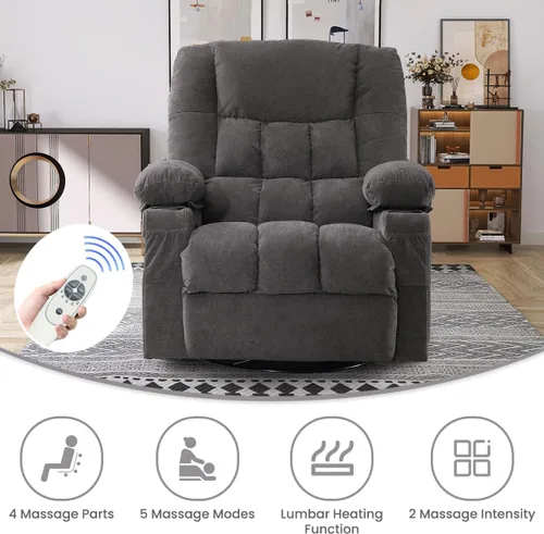 Miniatura 4 de BOSMILLER Silla reclinable de gran tamaño para adultos con masaje por vibración y calefacción lumbar, mecedora giratoria con soporte para tazas
