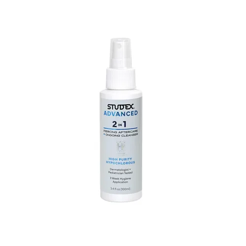 Studex Advanced 2-en-1 Limpiador y cuidado posterior para perforaciones – Spray de hipoclorito para perforaciones corporales y de orejas, fórmula