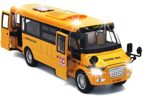 Autobús escolar de retroceso de 9 pulgadas, vehículos de juguete de metal fundido a presión que se iluminan y hacen sonidos con amarillo brillante y