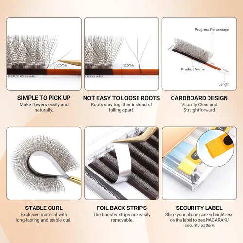 Miniatura 260 de NAGARAKU Extensiones de pestañas falsas en forma de W de 4D, suaves y naturales, con volumen, rizado D, 0.07mm, mezcla de 8-15mm, abanico 0.07-D 4D W