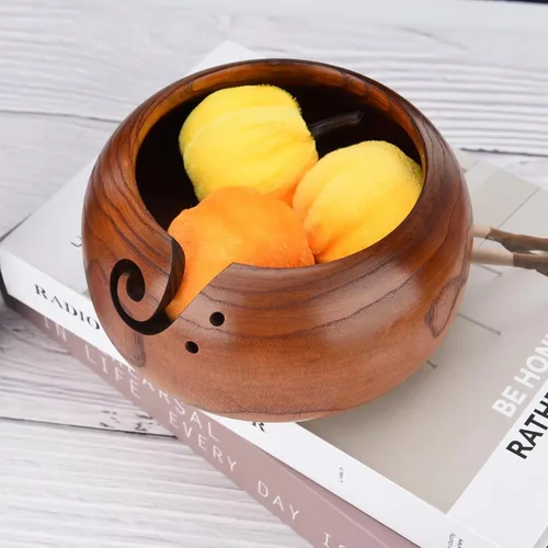 Miniatura 15 de Joyeee Cuenco de almacenamiento de hilo de madera hecho a mano, 6 pulgadas con agujeros tallados y perforados, regalo para entusiastas de tejer