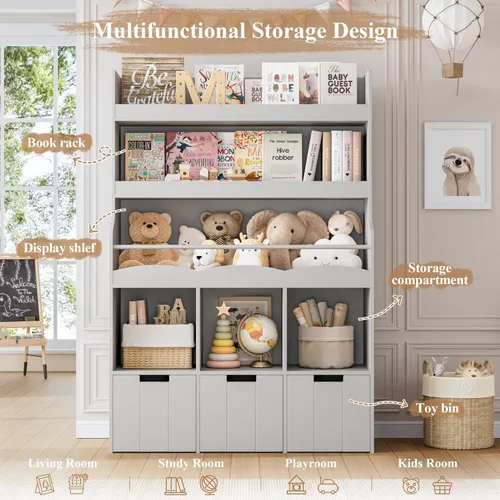 Miniatura 4 de HITHOS Estantería infantil de 55.3 pulgadas de alto con organizador de almacenamiento de juguetes, estante alto para libros con 3 contenedores Verde