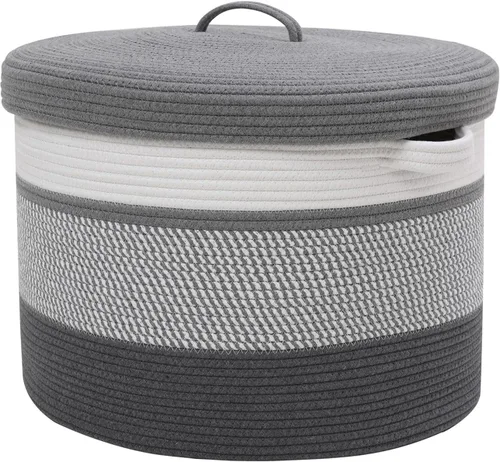 Miniatura 21 de Cesta de almacenamiento extra grande de 16" x 16" x 18" con tapa, cestas de almacenamiento de cuerda de algodón, canasta de lavandería, contenedor