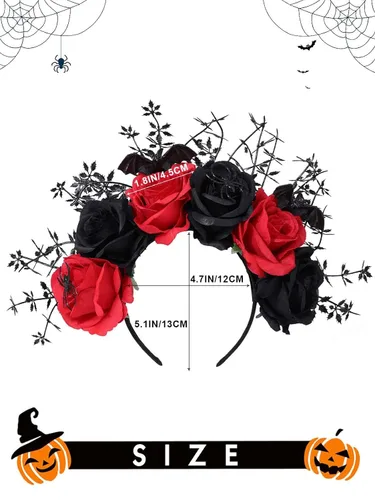 Miniatura 5 de Woeoe Diadema de Halloween FLower con diseño de araña, Día de los Muertos, diseño floral, para disfraz de murciélago y fiesta para mujeres y niñas