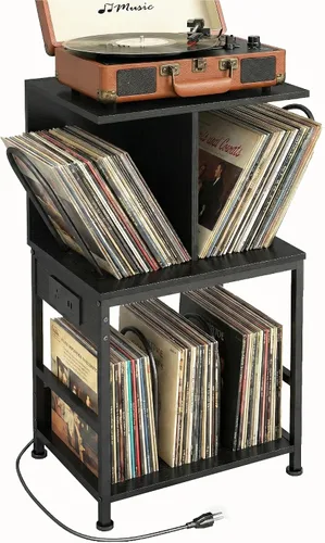 Miniatura 16 de Soporte para tocadiscos, mesa para tocadiscos de 3 niveles con almacenamiento de vinilo en forma de U hasta 120 álbumes, mesa auxiliar de 28 Cherry
