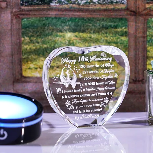 Miniatura 3 de YWHL Regalos de corazón de cristal para parejas con base LED, grabado con láser, regalo de recuerdo de feliz décimo aniversario para esposa, marido