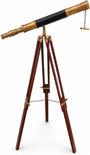Telescopio antiguo con cuero negro y trípode de madera – Vintage Marine Royal Spyglass para uso educativo, decoración del hogar y oficina, soporte