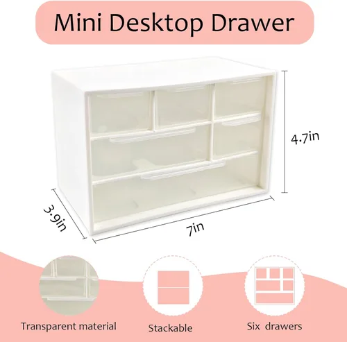 Miniatura 2 de Mini organizador de cajones de escritorio con 6 cajones transparentes, 7 x 3.9 x 4.7 pulgadas, pequeña caja de almacenamiento de plástico