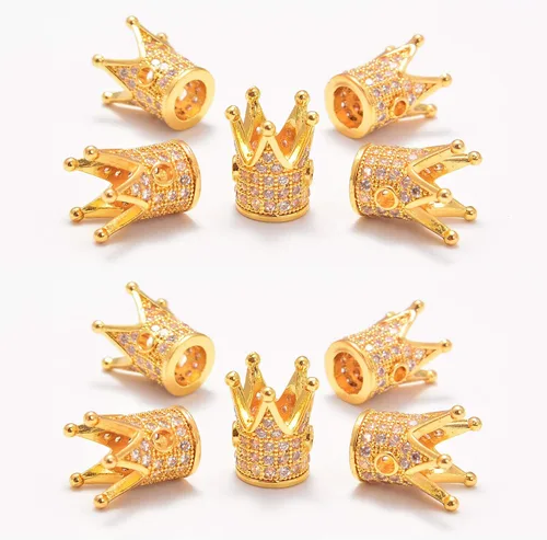 AD Beads Corona de diamantes de imitación de circonita con agujero grande, cuentas espaciadoras (10 unidades, corona transparente sobre oro (0.354 x
