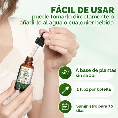 Miniatura 8 de Paquete de 2 líquido orgánico de vitamina D3 K2 con omega-3 vegano y aceite MCT de coco, 10000 UI, suplemento de vitamina D de máxima potencia, sin