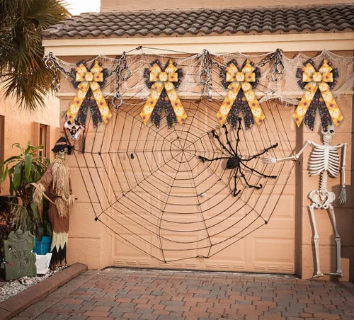 Miniatura 4 de Threetols 2 rollos de cintas de Halloween con borde con alambre de 10 yardas, cinta de arpillera de calavera de azúcar negra y naranja de 2.5