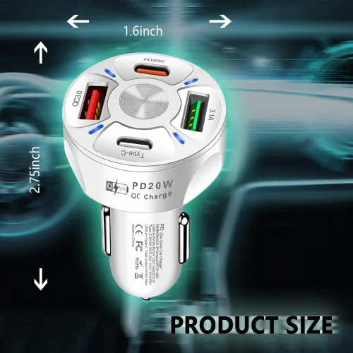 Miniatura 2 de Cargador de coche de carga rápida de 65 W, 4 puertos, adaptador de encendedor de cigarrillos, con QC 3.0 15W y PD 20W y cargador de teléfono