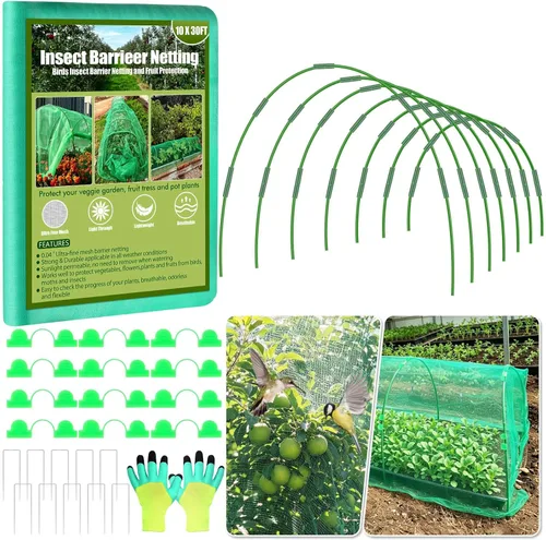 Cludoo Garden Mesh Netting Kit,7 Sets Wide Garden Hoops with 10x30 ft Garden Covers Bird Netting& 12 Clips, Garden Protection for Raised Beds
