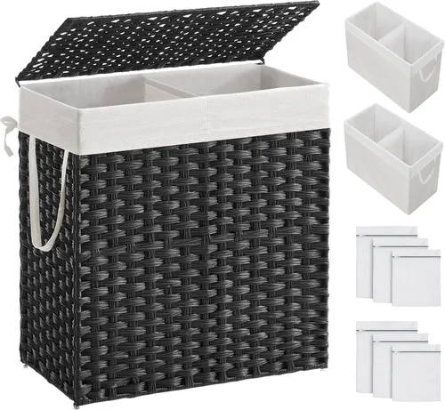 SONGMICS Cesta de ropa sucia con tapa, cesta de ropa de 110L con 2 bolsas de forro extraíbles, 6 bolsas de malla, canasta de mimbre para ropa sucia,
