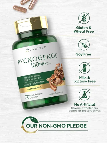 Miniatura 5 de Carlyle Pycnogenol 100mg 30 cápsulas Extracto de corteza de pino marítimo francés Pinus Pinaster Suplemento sin OMG y sin gluten