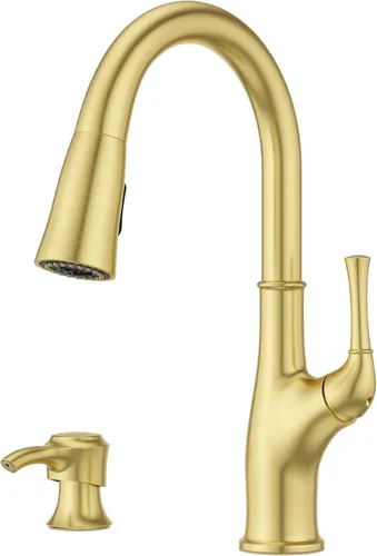 Pfister Alderwood - Grifo de cocina con rociador extraíble y dispensador de jabón, de una sola manija, certificado NSF, acabado en oro cepillado,