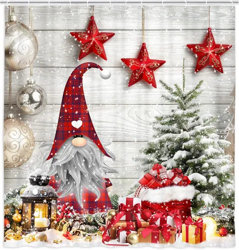 Cortina de ducha de tela de gnomo de Navidad, árbol de Navidad y cajas de regalo coloridas, cortina de ducha para baño, cortina de baño rústica de
