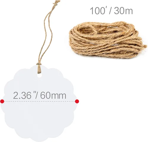 Miniatura 3 de 200 etiquetas de regalo de papel kraft blanco festoneado con cuerda de yute natural de 100 pies para embalaje de manualidades, la etiqueta mide 2.4