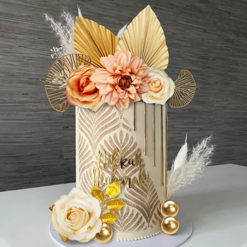 Miniatura 6 de DRWATE Topper para Tartas, 11 Piezas de Flores Bohemias con Hojas Doradas, Decoraciones para Tartas para Bodas, Baby Shower, Suministros