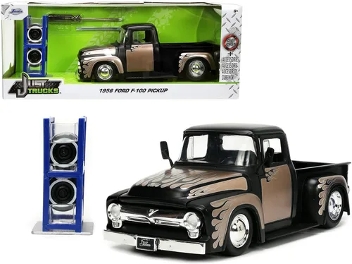 Jada Toys Just Trucks 1:24 1956 Ford F-100 - Coche fundido a presión, color negro/marrón, con soporte para neumáticos, juguetes para niños y adultos