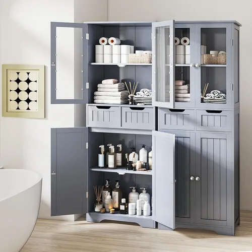 Miniatura 6 de Betterhood Armario de almacenamiento de baño de 67 pulgadas de alto, gabinete independiente con puertas y estantes de vidrio, despensa de baño