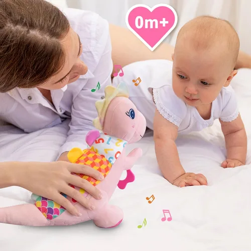 Miniatura 5 de Juguete de peluche suave de dinosaurio para bebés de 0-3-6-12 meses, juguete musical infantil con sonajero, chirriante, arruga sensorial, mordedor
