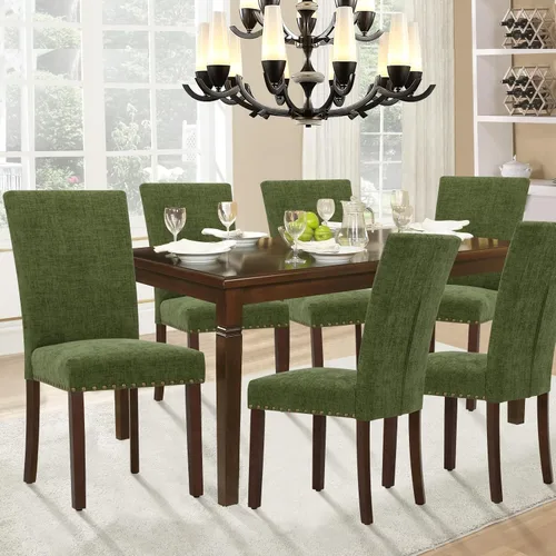 Miniatura 4 de Juego de 2 sillas de comedor Parsons, sillas tapizadas con cabeza de clavo para comedor y cocina con cojines gruesos y patas de madera, verde