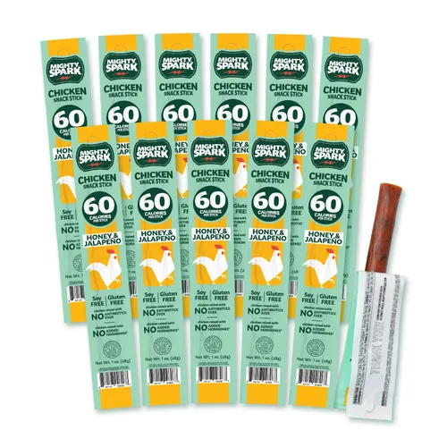 Mighty Spark Palitos de pollo – Miel y jalapeño – 6g de proteína, sin antibióticos nunca, sin hormonas añadidas, sin gluten, palitos de carne sin