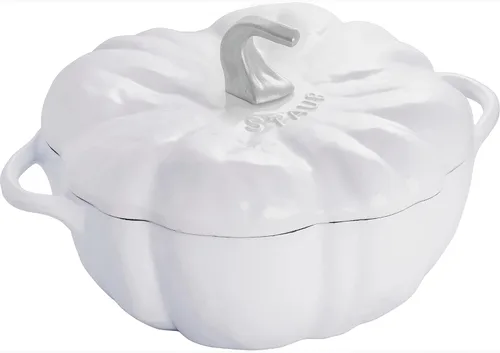 STAUB Horno holandés de hierro fundido de 3.5 cuartos de galón de calabaza con perilla de acero inoxidable, fabricado en Francia, sirve 3-4, blanco
