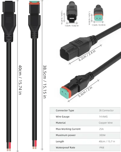 Miniatura 2 de Conectores de arnés de cableado macho hembra estilo DT, 2 juegos de adaptadores de cable de goma de 14 AWG, 2 pines Plug and Play para barra de luz