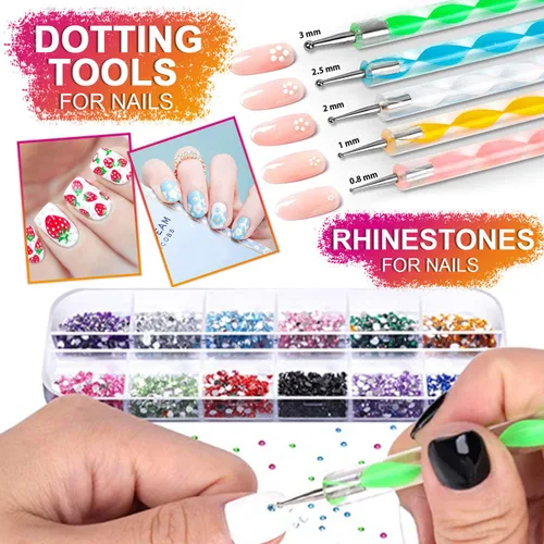Miniatura 4 de Kit de pinceles y decoraciones de uñas - Arte de uñas 3D, herramientas de puntos, purpurina, calcomanías, diamantes de imitación, papel de aluminio