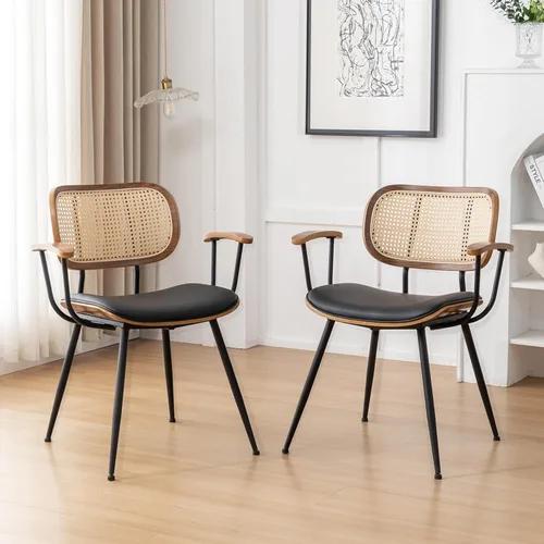 Juego de 2 sillas de comedor de ratán, sillas auxiliares de cocina modernas de mediados de siglo, sillas de escritorio con patas de metal, sillas