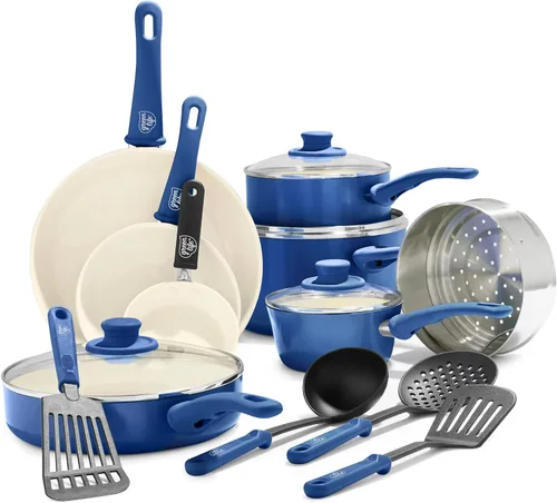 Miniatura 2 de GreenLife Soft Grip - Juego de ollas y sartenes de cerámica saludable de 16 piezas, antiadherentes de cerámica saludable de agarre azul y suave