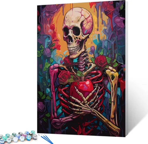 Kit de pintura acrílica al óleo floral de calavera para niños, pintura sangrienta por números para adultos sobre lienzo, pintura del día de los