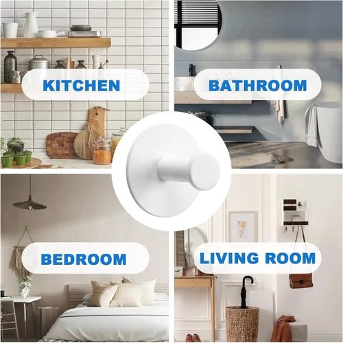 Miniatura 8 de Paquete de 2 ganchos de pared adhesivos blancos de acero inoxidable sin daños, ganchos impermeables para sombreros, para baño, cocina