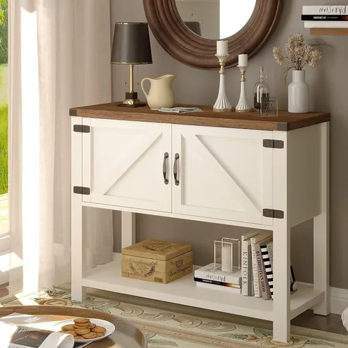 Miniatura 6 de 4ever2buy Gabinete de barra de café de granja, mesa de café blanca con almacenamiento, aparador de buffet con 2 puertas, armario decorativo