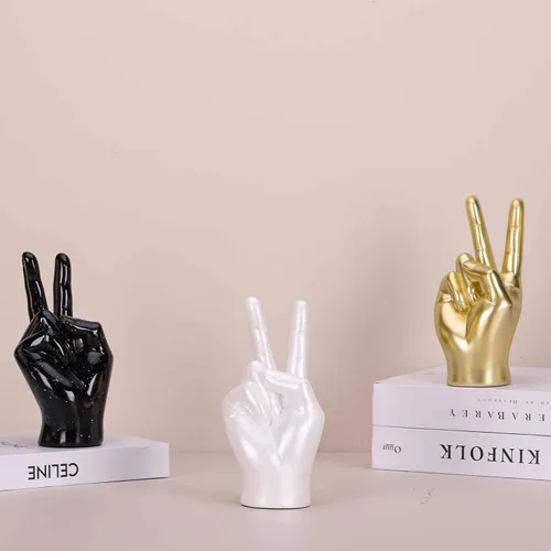 Miniatura 7 de LCCCK Escultura de mano dorada para decoración de signo de paz, estatua de mano de gesto genial para estantes, regalo extraño escultura funky